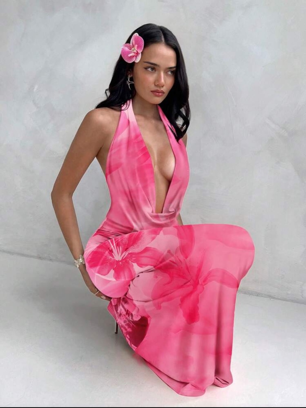 Pink Halter Floral Maxi Dress